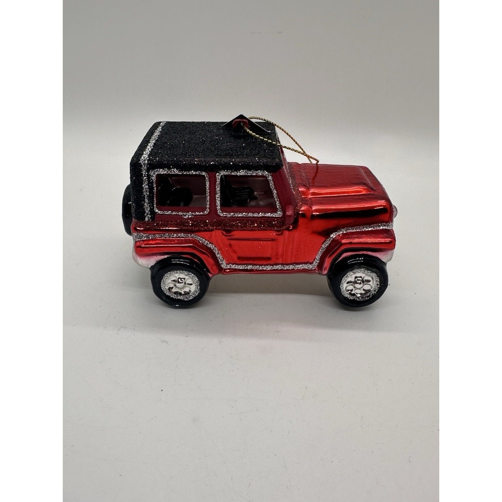 Red Jeep Christmas Ornament Blown Glass Glitter SUV Truck Holiday Tree Decor